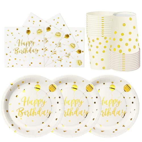 hailstones Or Blanc 72 Pièces Vaisselle en Papier pour Anniversaire Enfants : Assiettes, Gobelets, Serviettes - 24 Invités