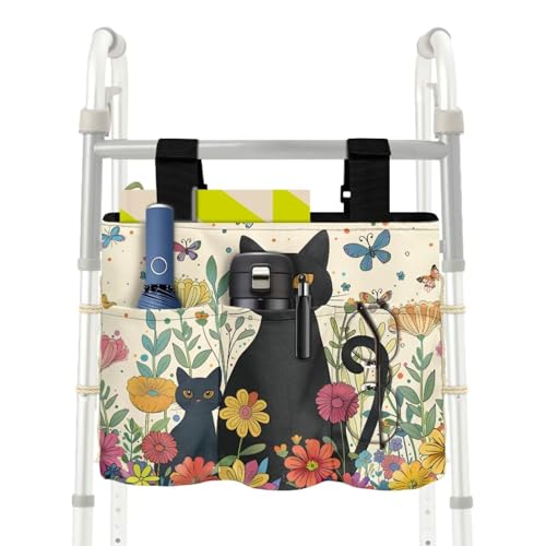 Luarisgur Walker Bag for Seniors Elderly Multi-Purpose Folding Walker Organizer Pouch Accessories Bag with Big Capacity Best Gift, Cat Floral (Not Fit Rollator Walkers)
