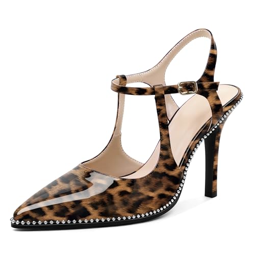 Image of SAMMITOP Womens High Heels Ankle Strap Pointed Toe Stilettos Patent Leather Beaded Pumps Dress Shoes 3.5 Inch
