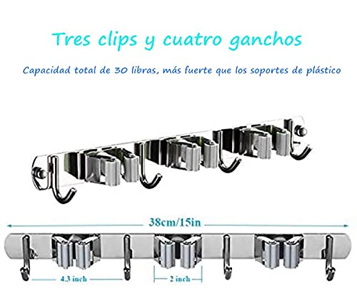 Voarge Stainless Steel Broom and Mop Hanger with 3 Holders and 4 Hooks for Brush and Mop Organizer Tool Holder for Home Kitchen - Image 3