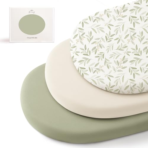 Image of Konssy 3 Pack Stretchy Bassinet Sheets for Baby Girl Boy, Soft Breathable Baby Bassinet Mattress Sheets Fit for Hourglass Oval Cradle, Moses Basket Rectangle Mattress (Garden Sage)