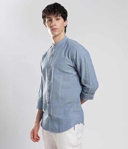 Image of TURMS Men's Casual Solid Linen Shirt | Water Repellent | Anti Stain Anti Odor | Kansas Linen | Mandarin Collar | Full Sleeves