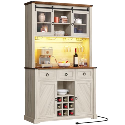 MOASIS 72" Pantry Cabinet with Charging Station, Tall Farmhouse Pantries with LED, Large Kitchen Microwave Stand Hutch Cabinet with Wine Rack for Living Room, Dining Room, Off-White