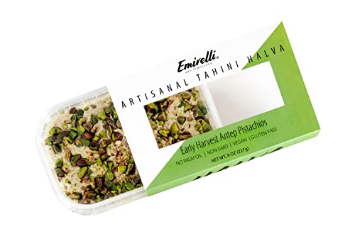 Emirelli Artisanal Halva Dessert – Authentic Middle Eastern Candy Turkish Sweets – Vegan Candy 55%-Tahini Halwa - Halvah Traditional International Sweets - Harvest Antep Pistachios Flavor, Pack Of 1 #TOP2