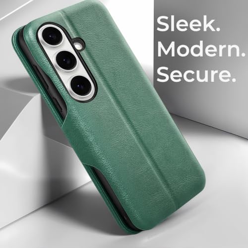 Image of PULOKA for Samsung Galaxy S24 - Sleek Flip Case - Premium Vegan Leather Phone Cover with Card Slot - Slim, Durable, Privacy Protection - Kickstand Function - Elegant Flip Wallet Cases - Green