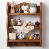 Pinkunn 100% Solid Cottage Wall Shelf 3-Tier Vintage Walnut Wood Floating Shelves with Crochet Placemats Wood Heart Mounted Storage Rack with Hooks for Keys, Rustic Storage Organizer for Home