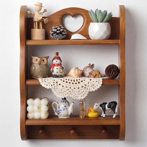 Pinkunn 100% Solid Cottage Wall Shelf 3-Tier Vintage Walnut Wood Floating Shelves with Crochet Placemats Wood Heart Mounted Storage Rack with Hooks for Keys, Rustic Storage Organizer for Home