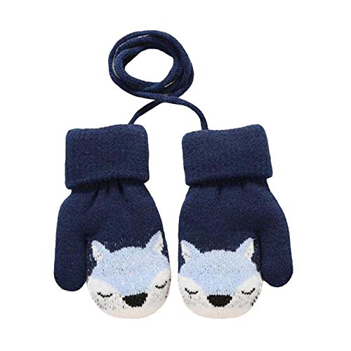 Toddler Kids Warm Thick Knitted Fnger Mittens with String for 1-3 Years Kids