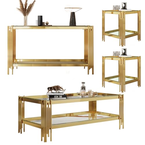 SSLine 4-Piece Living Room Table Set, Modern Clear Glass Coffee