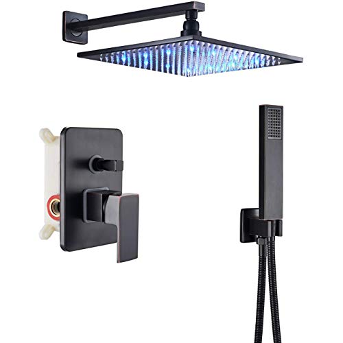 Rozin Bathroom 2-Function Diverter Valve Shower Faucet System LED Light 12-inch Rain Showerhead + Handheld Spray Oil Rubbed Bronze
