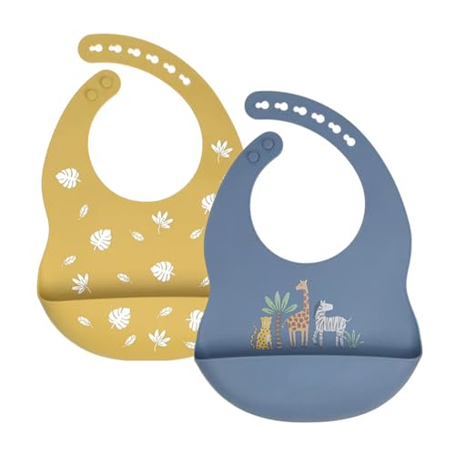 Image of Baby Silicone Bibs 2 Sets Baby Bibs with Food Catcher for Girls Boys Toddlers BPA Free Waterproof Soft Durable
