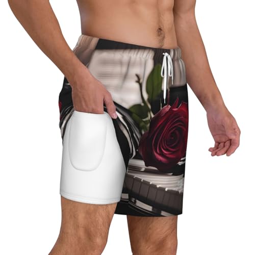 Red Rose On Piano Men's Soft Double Swim Shorts, Lounge Swiming Shorts Pants Breathable Summer3