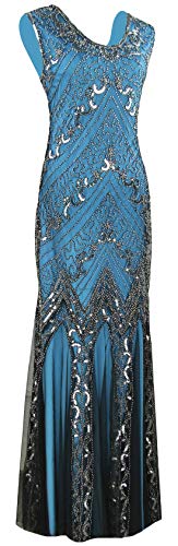 Image of Women Evening Maxi Long Dress 1920s Sequin Mermaid Hem Wedding Prom Gown Costume w / 20s Gatsby Accessories Set
