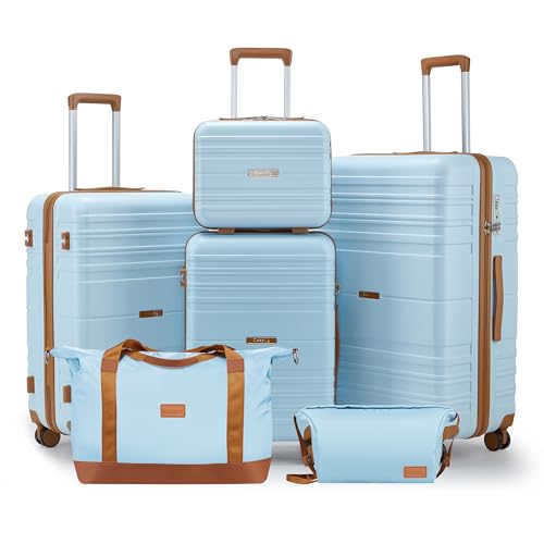 CASELLY Luggage Sets 6 Piece with Spinner Wheels Lightweight Hardshell Suitcase Set with TSA Lock Carry On Checked Luggage Set with YKK Zippers(Light Blue 6 piece sets14/20/24/28/DB/TB)