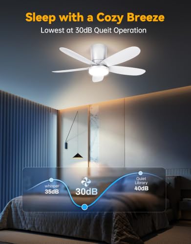 DABOUHORS Ceiling Fan with Light Low Profile 42-Inch Modern White Small Ceiling Fans for Bedroom Indoor Outdoor - Dimmable Fans with Timer Remote Control Flush Mount Reversible 5 Blades 6 Speeds — view 3