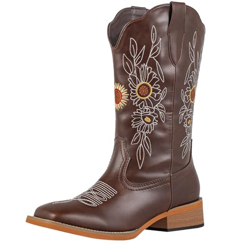 J's.o.l.e Floral Cowboy Boots for Women Square Toe Wide Calf Western Fashion Sunflower Cowgirl Boots Dark Brown US 8
