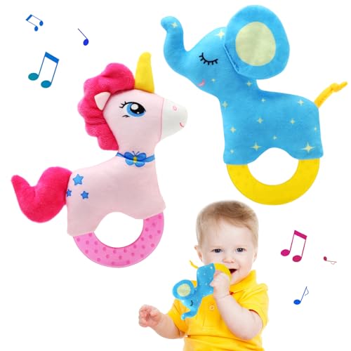 JoyPlus 2 Piezas Sonajeros Bebe 0 3 Meses Blanditos, Sonajero de Juguete Muñeca de Peluche, Sonajeros y Mordedores Bebe, Peluche Juguete para Bebé 0 12 Meses, Regalos Bebes Recien Nacidos Originales