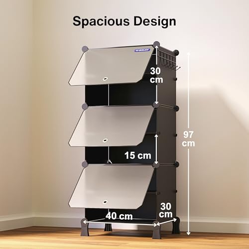 Image of BOXJOY 6 Shelf Shoe Rack with 3 Transparent Doors, 5 Hook Steel Holder & Wooden Hammer, Home Storage PP Plastic Organizer with Metal Door Frame to Cover Chappal Slipper Sandals Shoes Box Stand (Black)