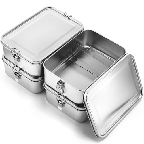 Pojemniki na lunch ze stali nierdzewnej – szczelne pojemniki na żywność z zamykanymi klipsami, nadają się do mycia w zmywarce, wielokrotnego użytku, 850 ml, zestaw 4 szt., idealne do pracy, szkoły i