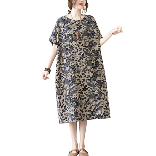 Image of LUZU JUNU Women's Summer Baggy Plus Size Loose Cotton Linen Long Boho Beach Dress with Pockets