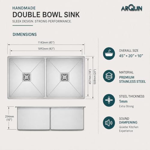Image of ARQUIN Kitchen Sink 45x20x10 Inch Handmade Double Bowl Matt Finish Kitchen Sink Premium Heavy Grade Stainless Steel Kitchen Sinks | Sink For Kitchen Basin Square Drainer and Adjustable Fruit Basket