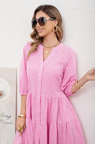 Image of utcoco Women's 2026 Spring Summer Plaid Shirt Dress 3 /4 Puff Sleeve Button Down Loose Casual Midi Dress with Pockets