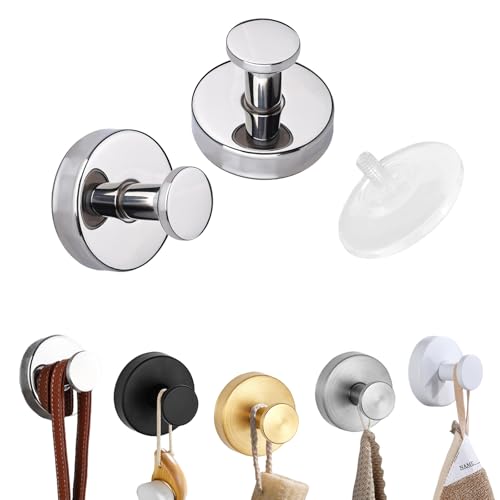 Removable Suction Cup Hooks for Shower - No Drill Towel Hooks for Robe, Loofah - Stainless Steel Waterproof Self Adhesive Hooks for Bathroom (2 Pack Glossy Silver)