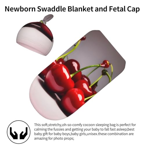 Chilean Cherries Print Newborn Swaddle Blanket with Beanie Set, Soft Baby Sleep Sack Receiving Wraps, for Boy Girl2