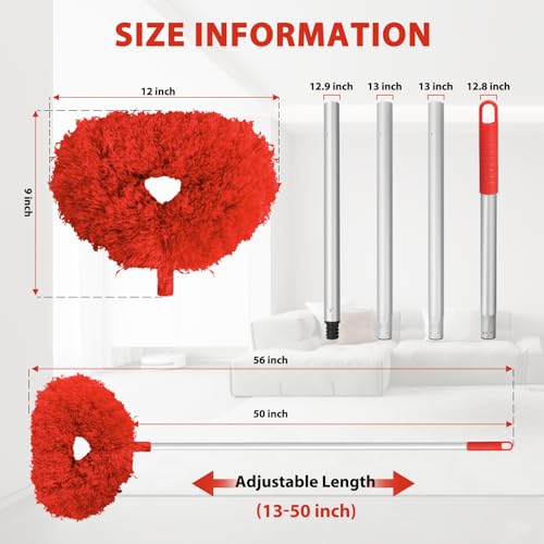 Image of Ceiling Fan Cleaner Duster High Ceiling Extended Fan Blade Cleaner from 13 to 50 Inch Reusable Microfiber Ceiling Fan Duster with Extension Handle for Furniture Bookshelves Wall Door (Red)