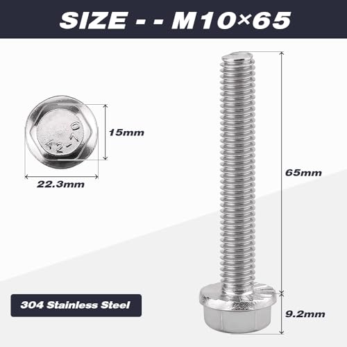 Image of M10-1.5 x 65mm (6 pcs) Flanged Hex Bolts, 304 Stainless Steel 18 /8, Large Washer Head Automotive Screws for Car Parts & Machinery Replacement