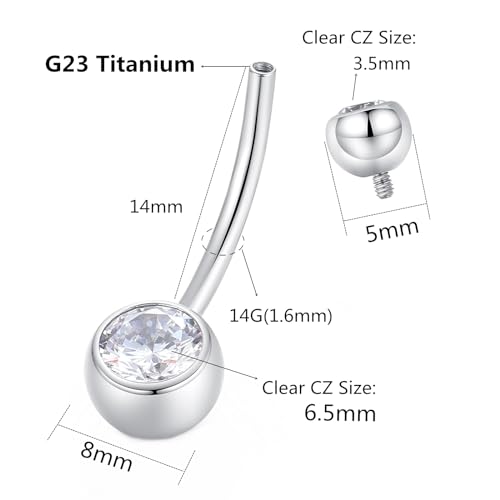 ORANGELOVE G23 Titanium Belly Button Ring - CZ Round Cubic Zirconia Internally Threaded Navel Piercing Ring - 14mm, 12mm, 10mm, 8mm - 14G Belly Piercings Barbell Jewelry for Women & Men2