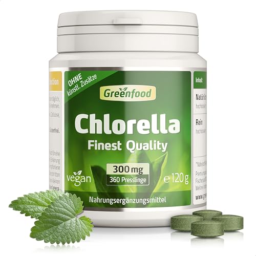 Chlorella Tabletten hochdosiert 300mg - 360 Presslinge vegan. Luftgetrocknet - reich an Chlorophyll Vitaminen & Mineralstoffen. OHNE künstliche Zusätze - laborgeprüft. Von Greenfood.