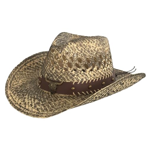 Image of Men & Women's Summer Cowboy Cowgirl Straw Hat Hollow Out Woven Roll Up Wide Brim Sun Hat with Chin Strap