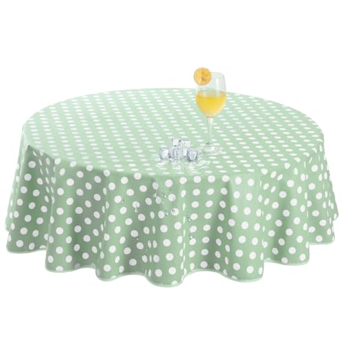 Romanstile Nappe Ronde Toile cirée 120cm Pois Vert et Blanc, 350GSM Lavable, Nappe Exterieur Toile cirée PVC,Plastique,pour Pique Nique Table de Jardin,...