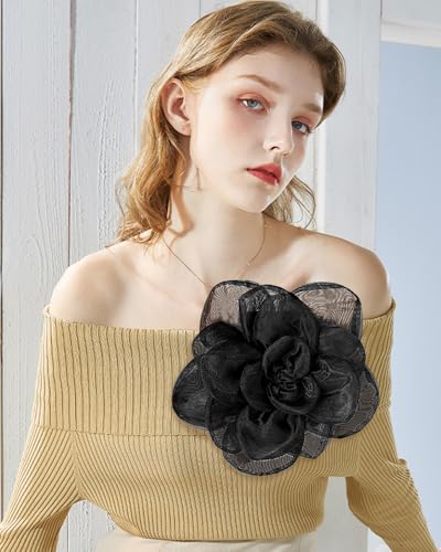 Image of Large Camellia Flower Brooch Pin for Women Fashion Dainty Lightweight Organza Satin Fabric Big Brooches Lapel Pins Wedding Dance Party Dress Accessories Exaggerated Jewelry Gift