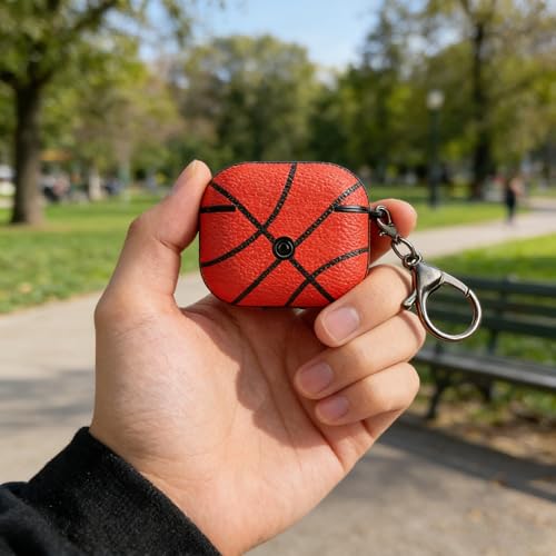 Image of Basketball AirPods 4 Case, PU Leather Protective Cover Compatible with Apple AirPods 4th Generation 2024, Fits A3058 A3059, Keychain, Red