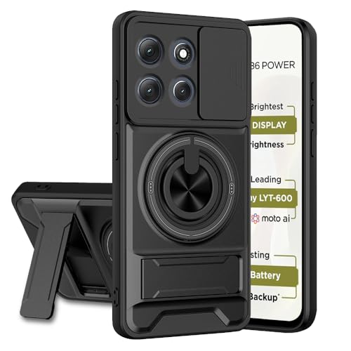 Image of Moto G86 Power 5G Back Cover | Armor Camera Slider 360 Degree Rotating Finger Ring Holder Case with Bracket Stand Back Case Cover (Compatible with MagSafe Accessories) (Black)
