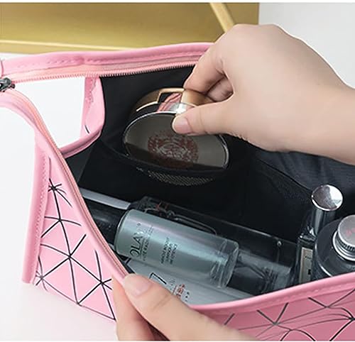 Image of Makeup Bag for Women, Diamond Pattern Makeup Bag with Zipper Large Capacity Travel Toiletry Bag - Pink