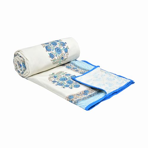 Image of BLOCKS OF INDIA Hand Block Printed Cotton Single Size Reversible Malmal Dohar for Summer (Blue Rose)