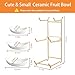 HOMKULA Ceramic Fruit Bowl for Kitchen Counter - 3 Tier Fruit Basket with Metal Stand, Tiered Fruit Stand for Countertop, Snack, Nuts, Cake, Dessert, Cute (Gold, Small)
