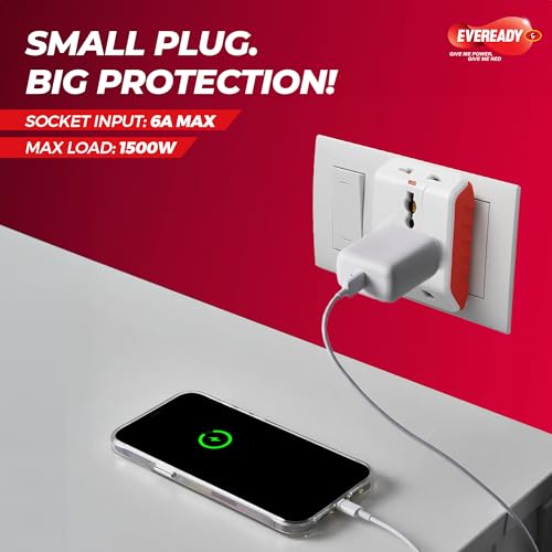 Image of Eveready Everprotect Multiplug | 3 Sockets (1 x 3-Pin & 2 x 2-Pin) | Universal Socket | 240V, 6A | Max Load 1500W | Fire Retardant Body | LED Power Indicator | Compact Plug for Home & Office