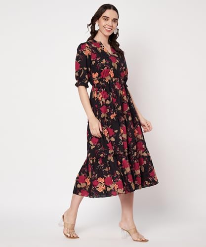 Image of PIDAVLIYA'S Women's Cotton Floral Printed Midi Dress | V-Neck Fit & Flare Dress with Puff Sleeves | Casual Summer Wear