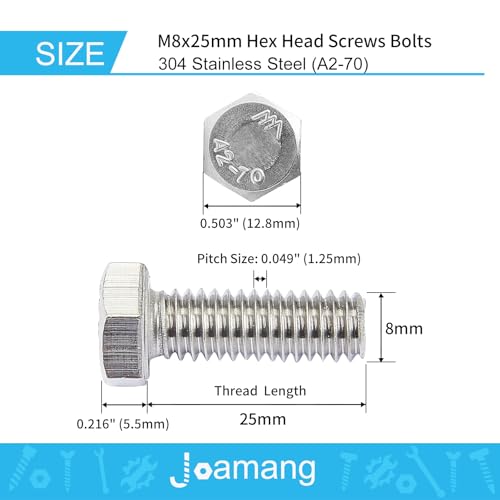 Image of M8 x 25mm 20Pcs Hex Head Bolts, M8 x 1.25 Bolts, Hexagon Head Screws, 304 Stainless Steel(A2-70), Metric Fully Thread, Bright Finish