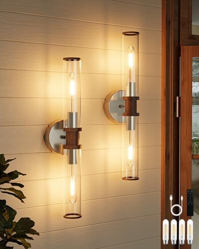 Image of Rayogale Nickel & Walnut Wireless Battery Operated Wall Sconces with Remote | Glass Rechargeable Wall Lights Set of 2 with Timer Function Dimmable for Living Room Bedroom Emergency 3000K, 20.5 Inch