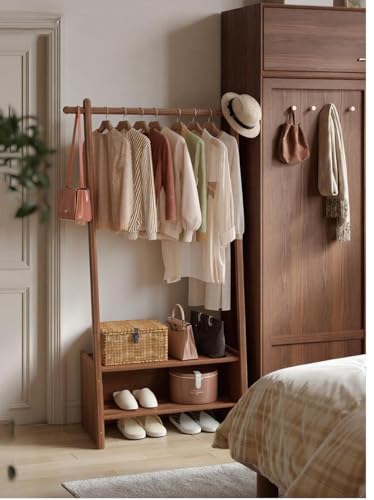 Solid Wood Clothing Rack with Shelves, Clothes Racks for Hanging Clothes, Hanging Rack with Shoe Storage, Heavy Duty Garment Rack for Bedroom, Entryway, Living Room, Walnut