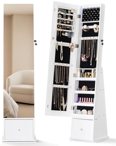 LUXFURNI 360 drehbarer Schmuckschrank mit Spiegel 157cm Höhe Schmuckschrank Stehend Standspiegel Mit Stauraum 1 tiefe Schublade Abschließbarer Spiegel Schrank Weiß