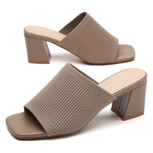 Image of Tilocow Knit Heeled Sandals for Women Square Open Toe Heeled Mules Chunky Block Low Heel Slip On Slides