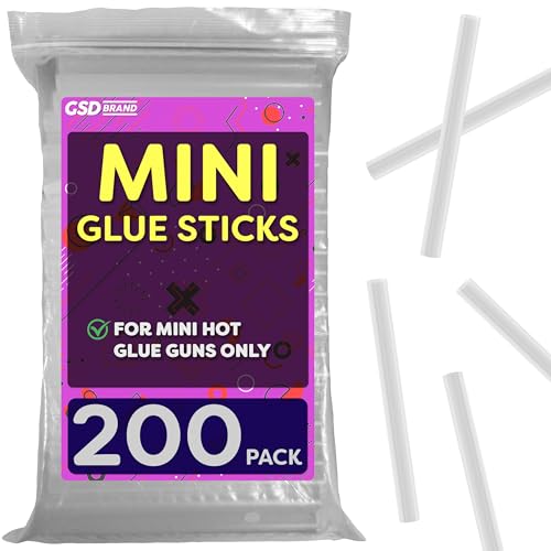 GSD Brand Mini Hot Glue Sticks for Glue Gun - 4" x 0.27 - Mini Clear Sticks Bulk - Ideal for Craft Projects - Bonds to Wood, Glass, Metal, Paper and More- 200 Pack