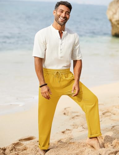 Image of iWoo Linen Pants Men Casual 2025 Summer Beach Elastic Drawstring Waist Yoga Pants Travel Baggy Work Pant Pajama