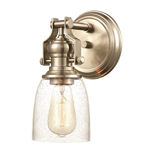 Image of Elk Home Chadwick 1-Light Industrial Vanity Wall Sconce - Satin Nickel, Seeded Glass Shade, 10 Inch High